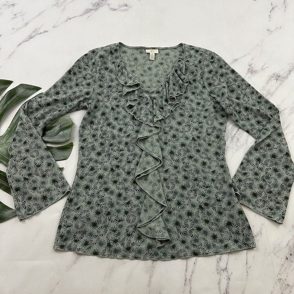 J Jill Vintage Y2k Mesh Knit Top Size M Green Floral Ruffle Front Bell Sleeve - Picture 1 of 12